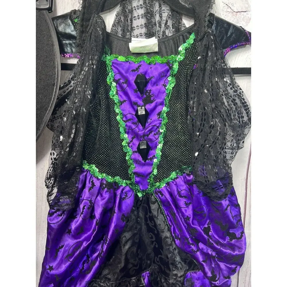 Teetot Girls Witch Dress WITH HAT & BROOM Size S 3-4 Black Purple Sequin Costume